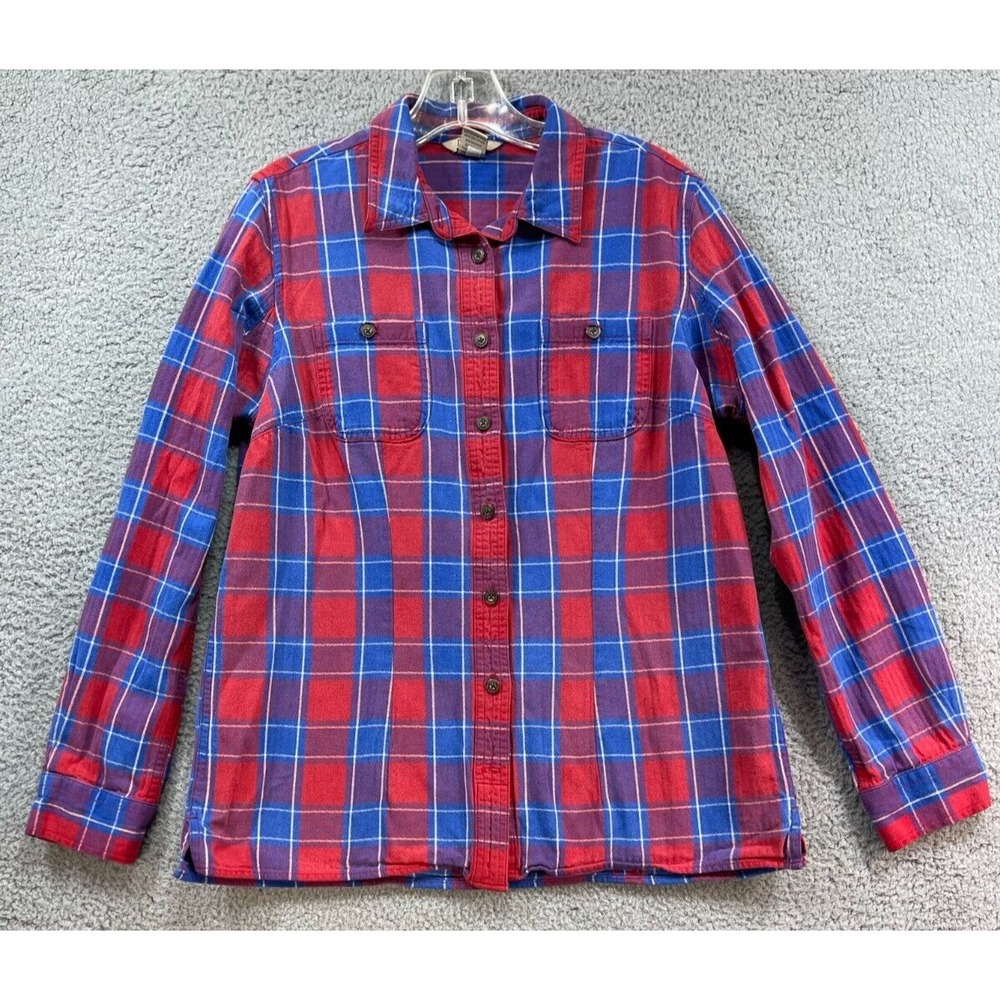 Duluth Trading Co Shirt Women Size Medium Free Swingin Flannel Plaid Red Blue